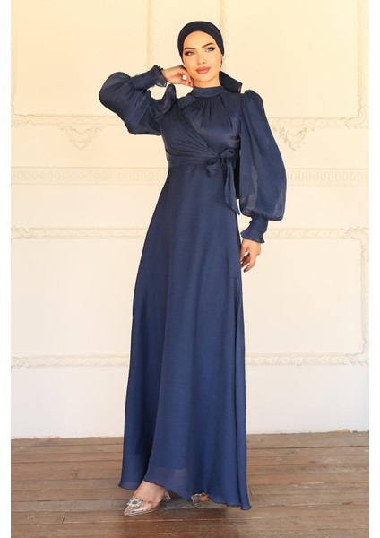 Yandan Bağlamalı Manşet Detaylı Yoryo Ipek Tesettür Abiye K. Indigo 1241 indirimleri