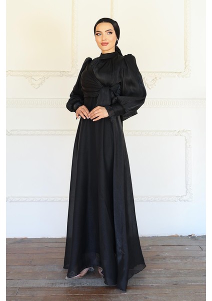 Yandan Bağlamalı Manşet Detaylı Yoryo Ipek Tesettür Abiye Siyah 1241 fiyatları