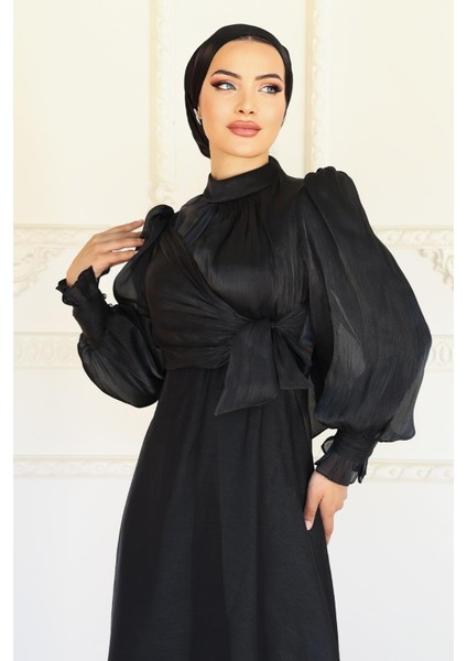 Yandan Bağlamalı Manşet Detaylı Yoryo Ipek Tesettür Abiye Siyah 1241 modelleri