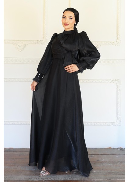Yandan Bağlamalı Manşet Detaylı Yoryo Ipek Tesettür Abiye Siyah 1241 fırsatları