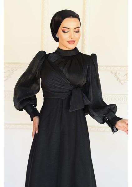 Yandan Bağlamalı Manşet Detaylı Yoryo Ipek Tesettür Abiye Siyah 1241 indirimleri