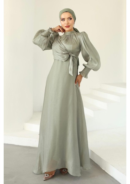 Yandan Bağlamalı Manşet Detaylı Yoryo Ipek Tesettür Abiye Açık Yeşil 1241 fiyatları