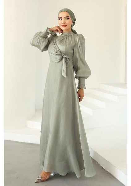 Yandan Bağlamalı Manşet Detaylı Yoryo Ipek Tesettür Abiye Açık Yeşil 1241 modelleri
