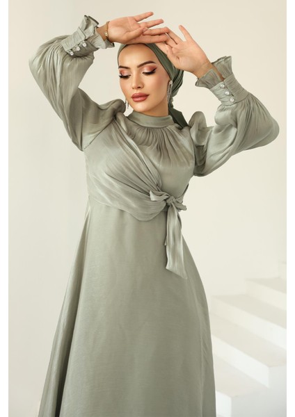 Yandan Bağlamalı Manşet Detaylı Yoryo Ipek Tesettür Abiye Açık Yeşil 1241 fırsatları