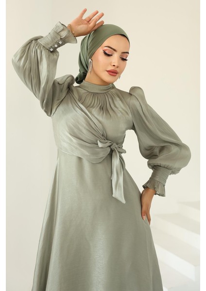 Yandan Bağlamalı Manşet Detaylı Yoryo Ipek Tesettür Abiye Açık Yeşil 1241 indirimleri