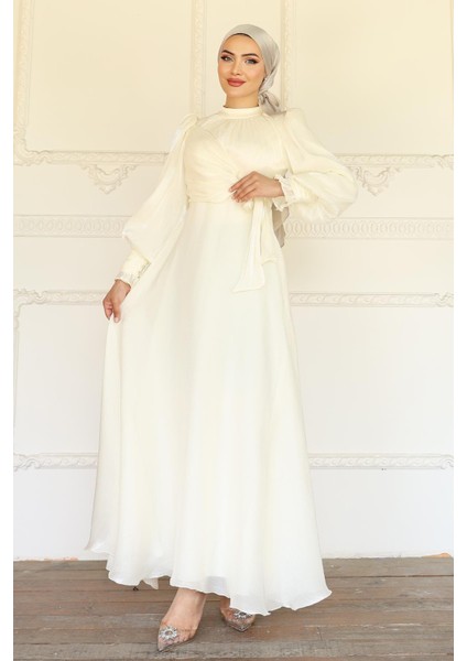 Yandan Bağlamalı Manşet Detaylı Yoryo Ipek Tesettür Abiye Ekru 1241 fiyatları