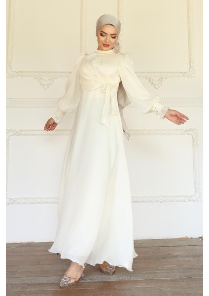 Yandan Bağlamalı Manşet Detaylı Yoryo Ipek Tesettür Abiye Ekru 1241 fırsatları