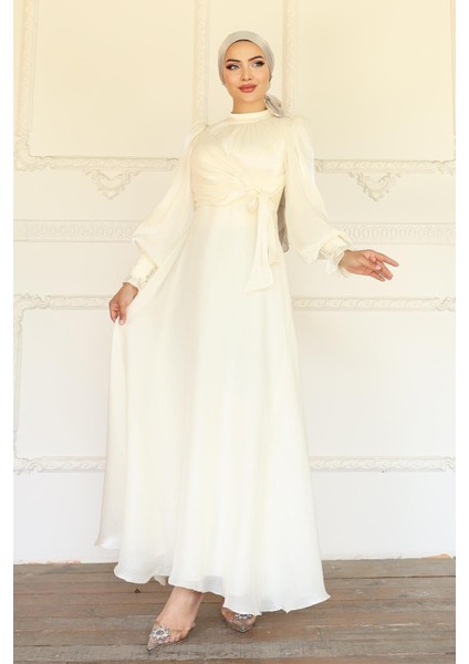 Yandan Bağlamalı Manşet Detaylı Yoryo Ipek Tesettür Abiye Ekru 1241 indirimleri
