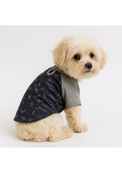%100 Pamuk Kedi ve Köpek Kıyafeti - Lacivert Geo Desenli Basic T-Shirt