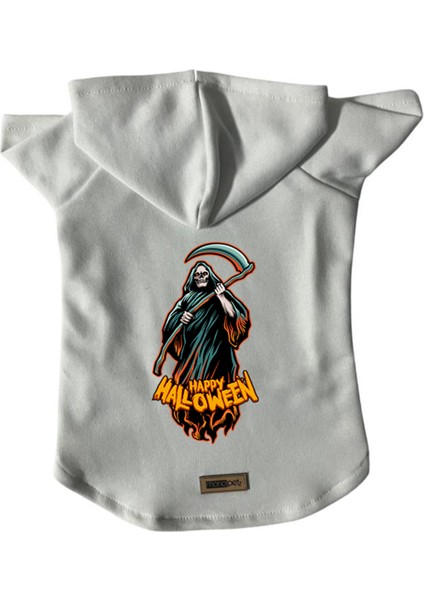 Kapişonlu Polar Sweatshirt Köpek ve Kedi Kıyafeti & Elbisesi - Beyaz Happy Halloween Azrail