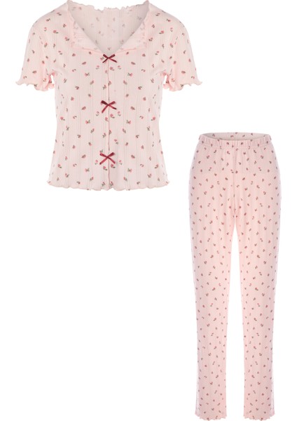 Kadın Kısa Kollu Fiyonklu Indigo Fitilli Pijama Takımı