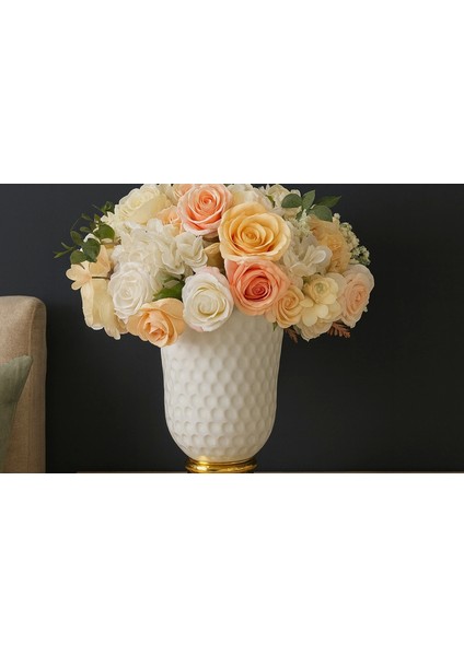 Altın Kaideli Beyaz Dokulu Vazo – Şeftali/krem Gül & Ortanca Yapay Aranjman fırsatları