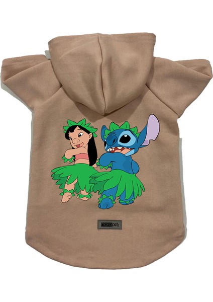 Kapişonlu Polar Sweatshirt Köpek ve Kedi Kıyafeti & Elbisesi - Bej Lilo & Stich