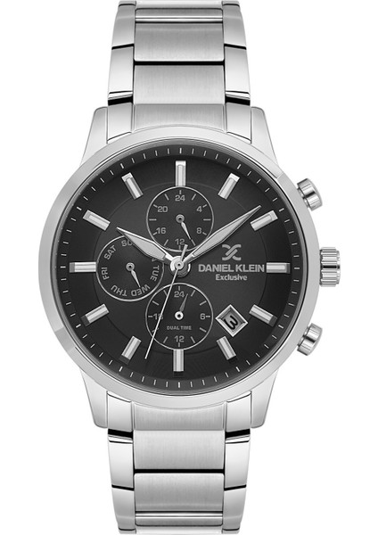 DK.6.10924.2 Siyah Gümüş Dikey Aktif Fonksiyonlu Takvimli Çelik Kordonlu Erkek Kol Saati