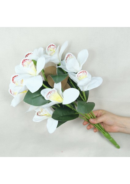 Yapay Beyaz Benekli Islak Orkide 5 Dal Gerçek Dokulu Singapur Orkidesi 50 cm