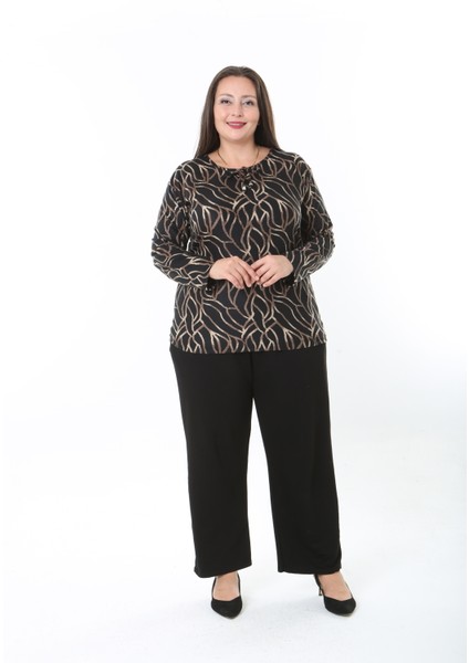 Kadın Desenli Likralı Yünlü Viskon Bluz