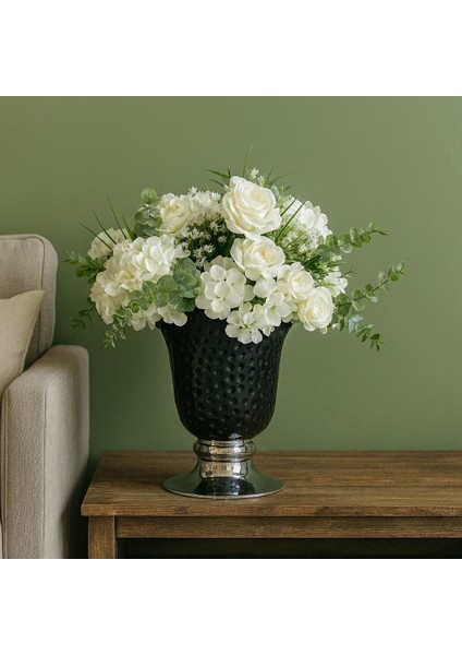 Siyah Dokulu Vazo – Beyaz Gül & Ortanca Yapay Aranjman (Salon) fiyatları
