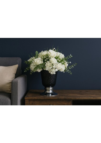 Siyah Dokulu Vazo – Beyaz Gül & Ortanca Yapay Aranjman (Salon) modelleri