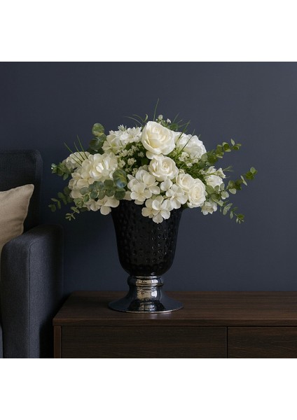 Siyah Dokulu Vazo – Beyaz Gül & Ortanca Yapay Aranjman (Salon) fırsatları