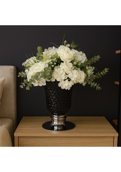 Siyah Dokulu Vazo – Beyaz Gül & Ortanca Yapay Aranjman (Salon) indirimleri