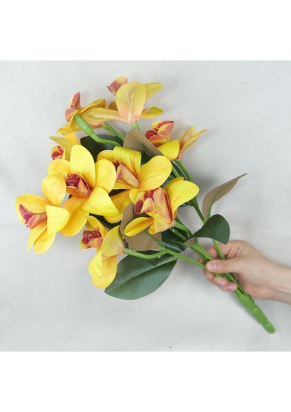 Yapay Turuncu Islak Orkide 5 Dal Gerçek Dokulu Singapur Orkidesi 50 cm