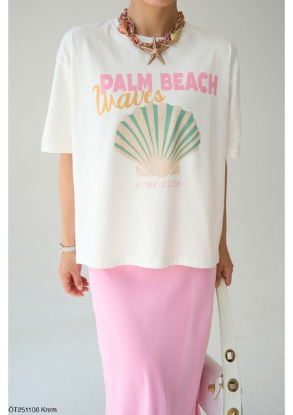 Kadın Palm Beach %100 Pamuklu Baskılı Beyaz Tişört fırsatları