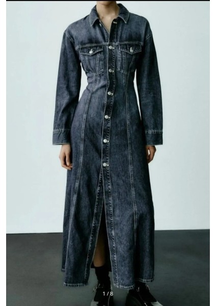 Allbucks Zara, Bele Oturan Uzun Kollu Maksi Denim Elbise ABZRA0098