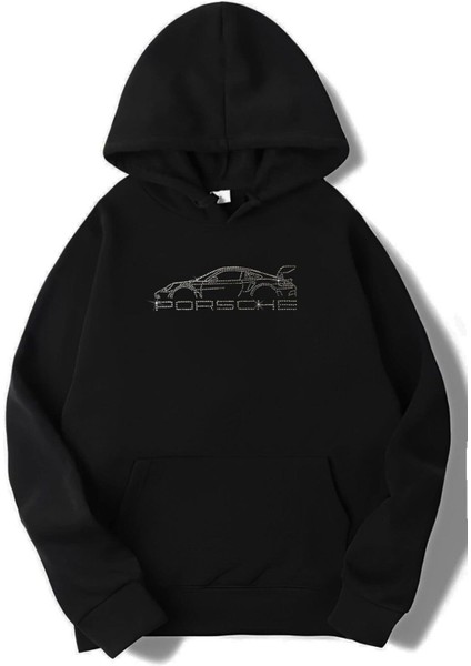 Unisex Oversize Porsche Kristal Taş Baskılı Hoodie Swearshirt
