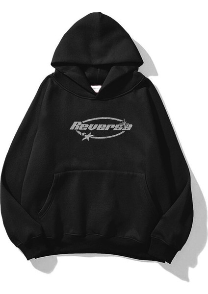 Unisex Reverse Taş Baskılı Sweatshirt Siyah