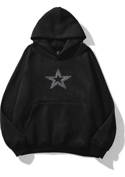 Unisex Star Stroke Taş Baskılı Sweatshirt Siyah