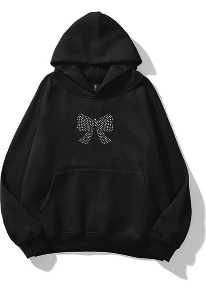 Unisex Kurdele Taş Baskılı Sweatshirt Siyah
