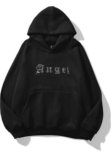Unisex Angel Taş Baskılı Sweatshirt Siyah