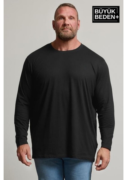 Erkek Büyük Beden Uzun Kollu 2 Iplik Bisiklet Yaka Tişört