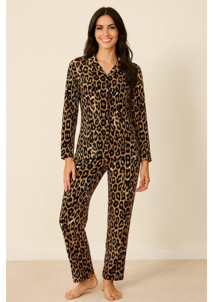 Kadın 6443 Süet Düğmeli Uzun Kol Pijama Takımı Leopar