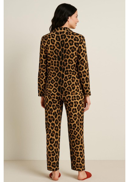 Kadın 6443 Süet Düğmeli Uzun Kol Pijama Takımı Leopar fiyatları