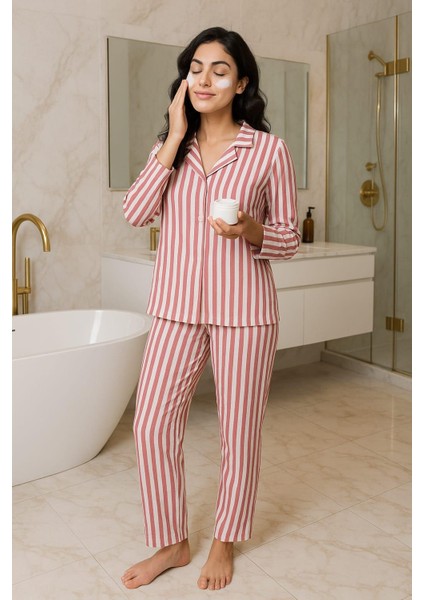 Kadın 6454 Düğmeli Süet Uzun Kol Pijama Takımı Gül Kurusu