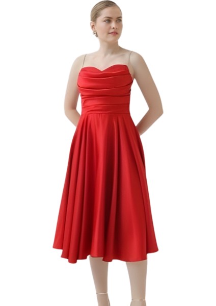 Zincir Askılı Kalp Yaka Midi Boy Abiye Elbise fiyatları