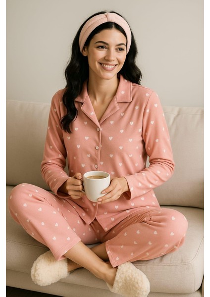 Kadın Yakalı Düğmeli Uzun Kol Süet Pijama Takımı Somon