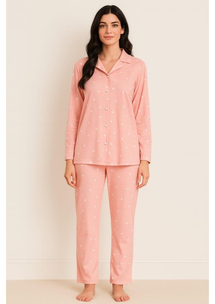 Kadın Yakalı Düğmeli Uzun Kol Süet Pijama Takımı Somon fiyatları
