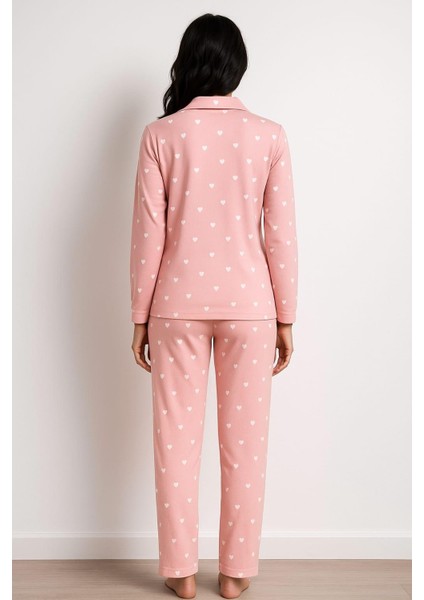 Kadın Yakalı Düğmeli Uzun Kol Süet Pijama Takımı Somon modelleri