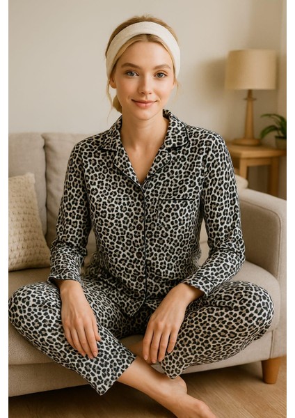 Kadın 6451 Düğmeli Süet Uzun Kol Pijama Takımı Leopar