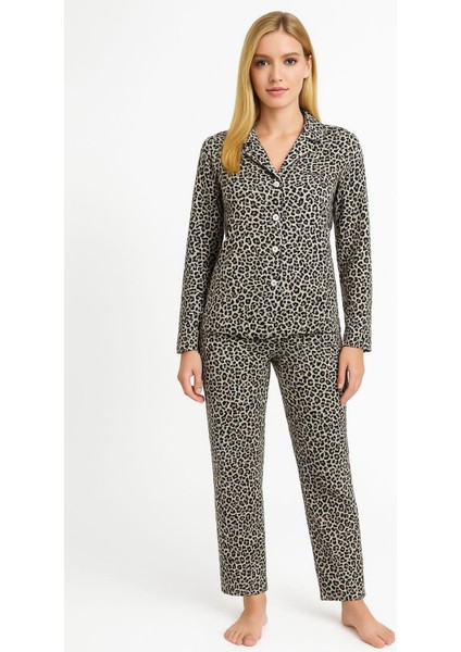 Kadın 6451 Düğmeli Süet Uzun Kol Pijama Takımı Leopar fiyatları