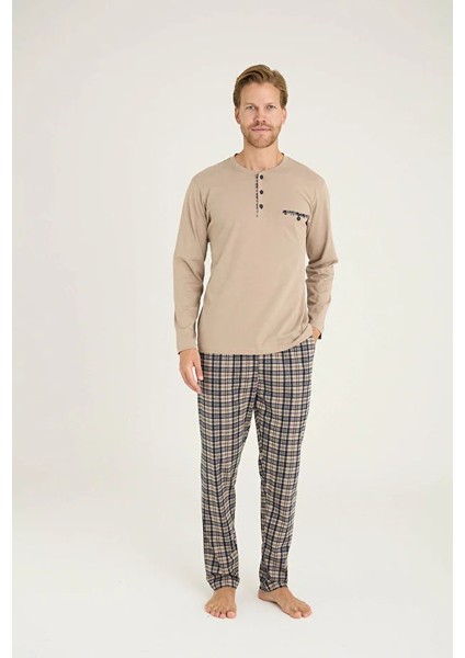 %100 Pamuk Uzun Kol Ekoseli Erkek Pijama Takım 9223