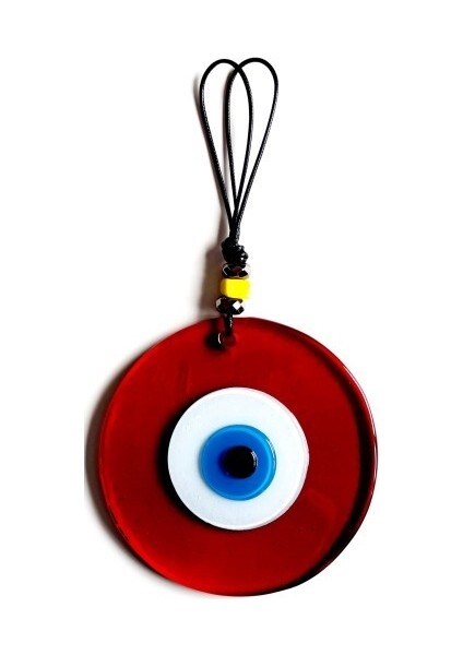 El Yapımı Vişne Kırmızısı Şeffaf Cam Nazarlık Deri Ipli Duvar Süsü