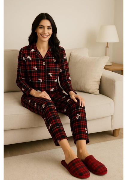 Kadın 6450 Önden Düğemli Süet Uzun Kol Pijama Takımı Lacivert-Kırmızı