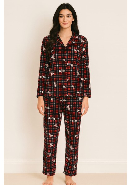 Kadın 6450 Önden Düğemli Süet Uzun Kol Pijama Takımı Lacivert-Kırmızı fiyatları