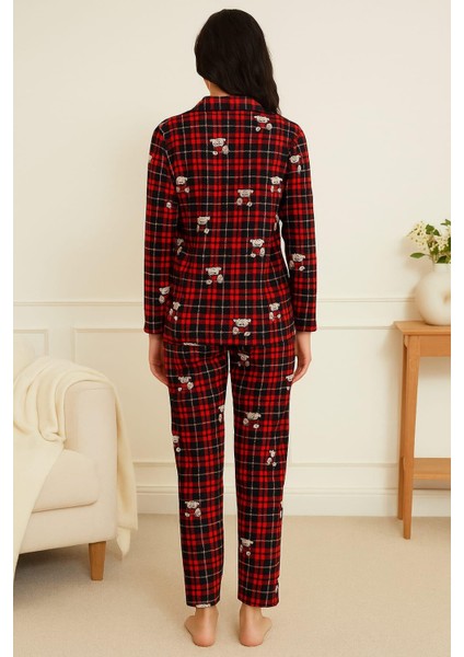 Kadın 6450 Önden Düğemli Süet Uzun Kol Pijama Takımı Lacivert-Kırmızı modelleri