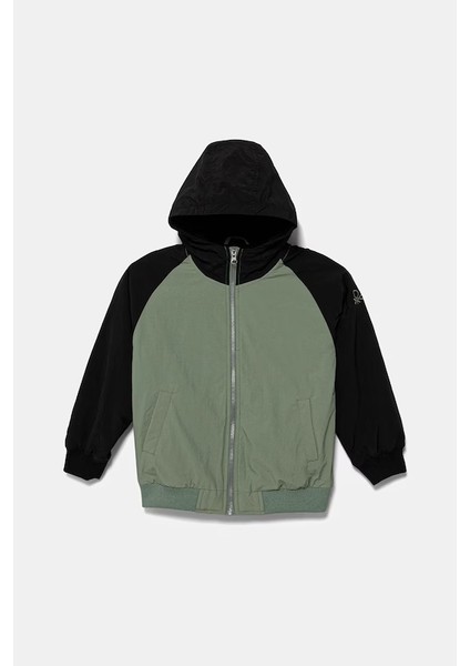 Erkek Çocuk Haki Kolu Logo Detaylı Astarlı Kapüşonlu Yağmurluk