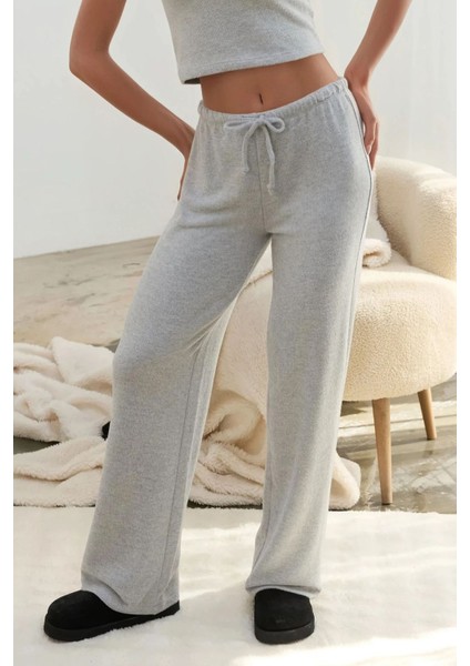Kadın Bağcıklı Yumuşak Dokulu Örme Pantolon Açık Gri