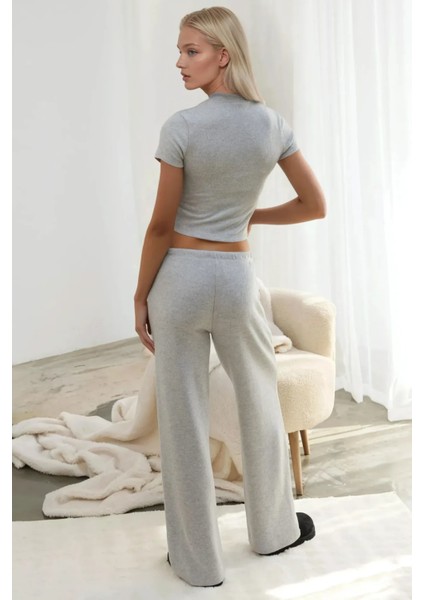 Kadın Bağcıklı Yumuşak Dokulu Örme Pantolon Açık Gri